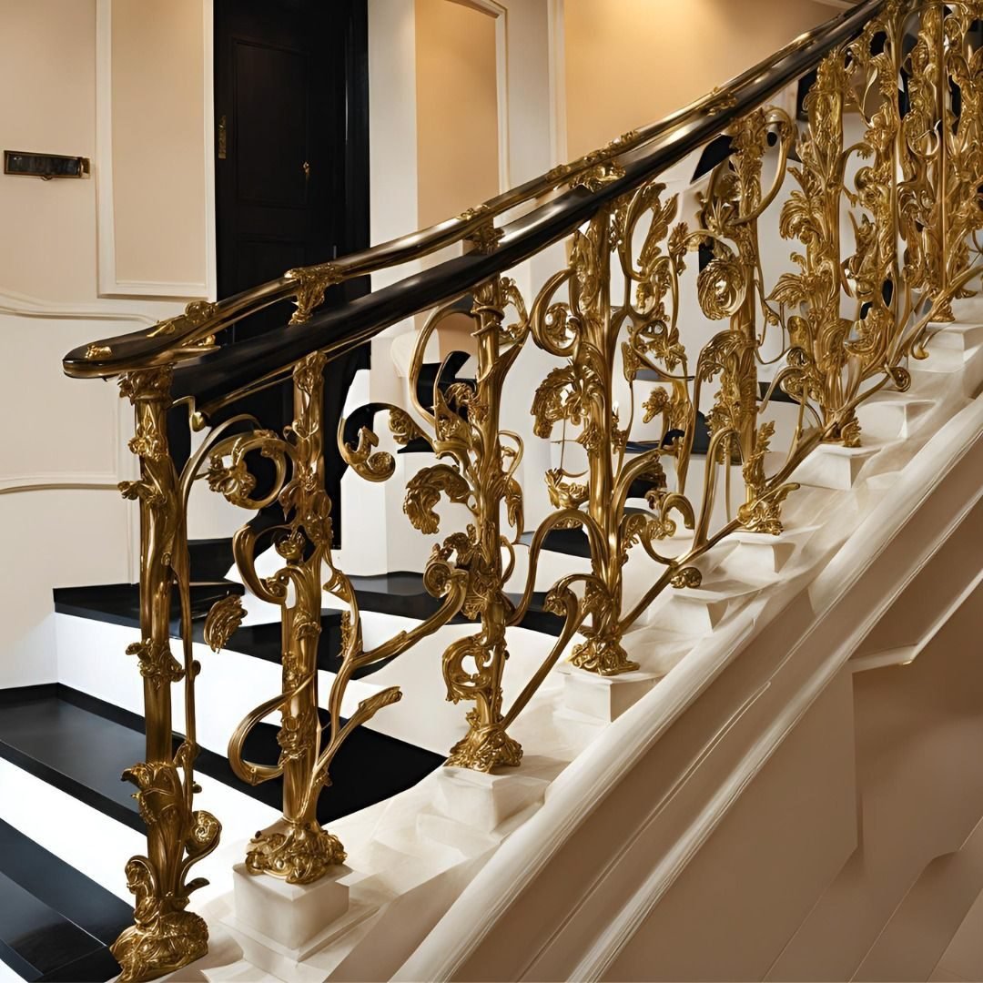 Ornamental brass staircase handrail with black treads