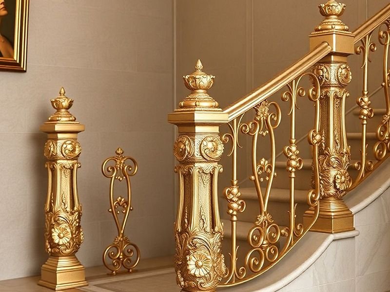 Decorative gilded newel posts and staircase railing