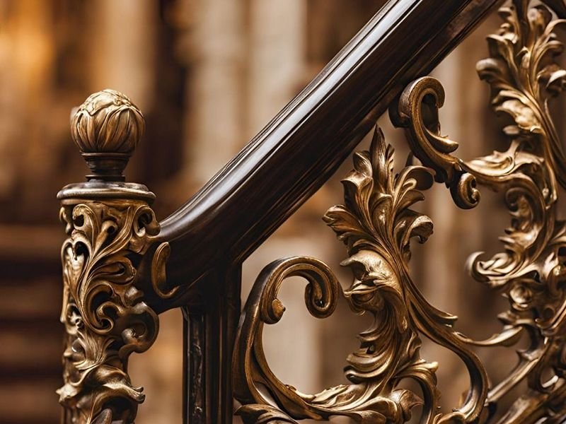 Close-up of cast acanthus handrail detail